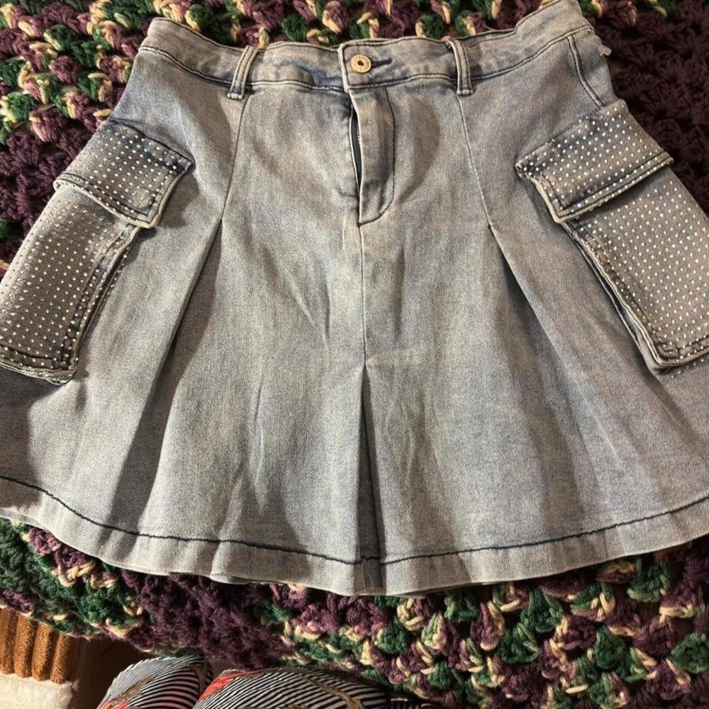 Denim Skort with rhinestone‎ details